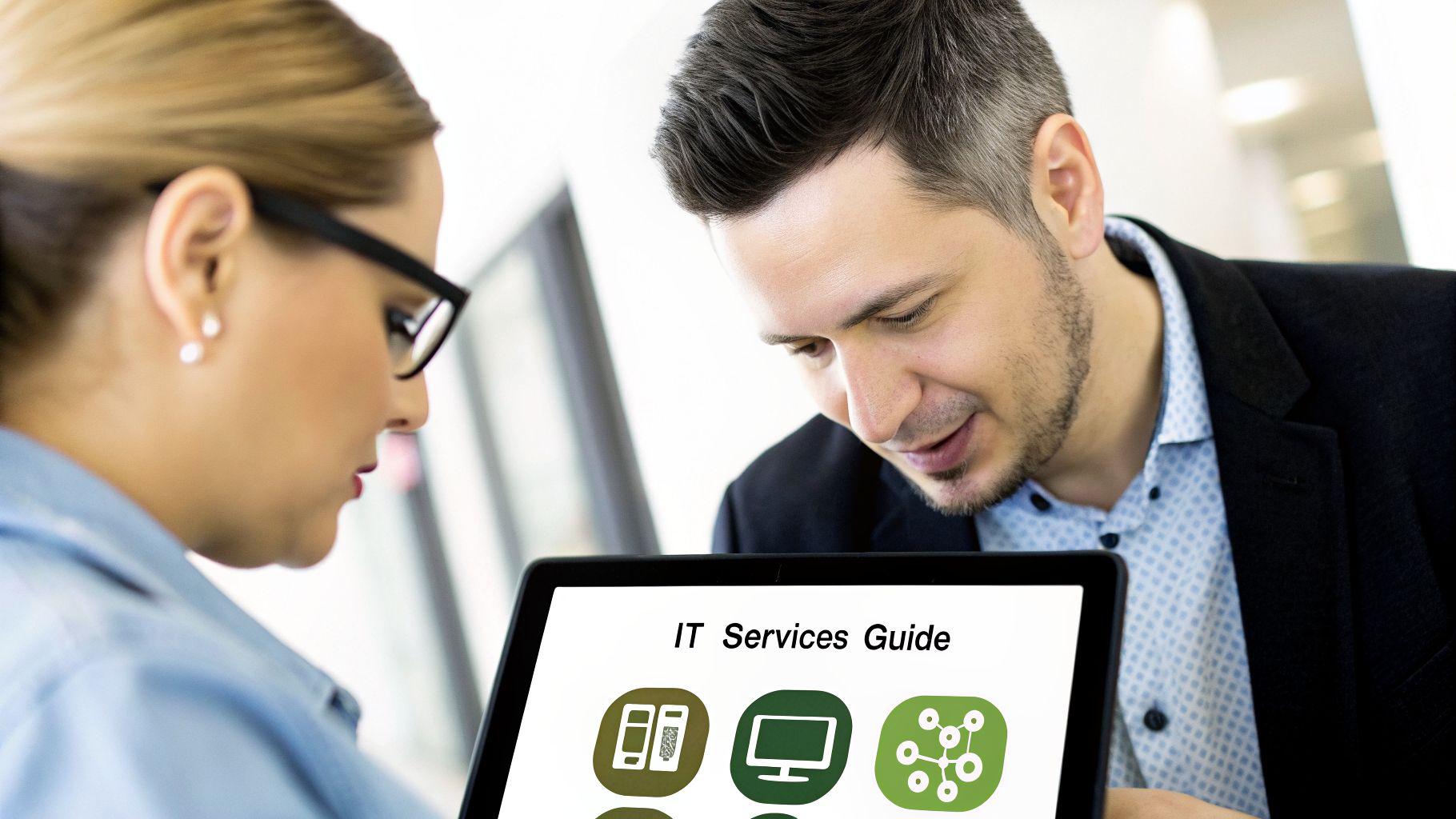 Two professionals review an IT Services Guide on a tablet, discussing business technology solutions.