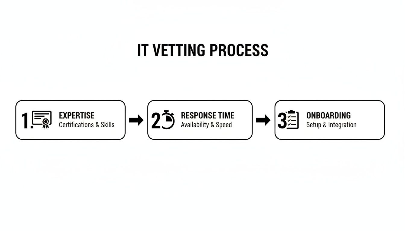 A flowchart outlining the IT vetting process, covering expertise, response time, and onboarding.