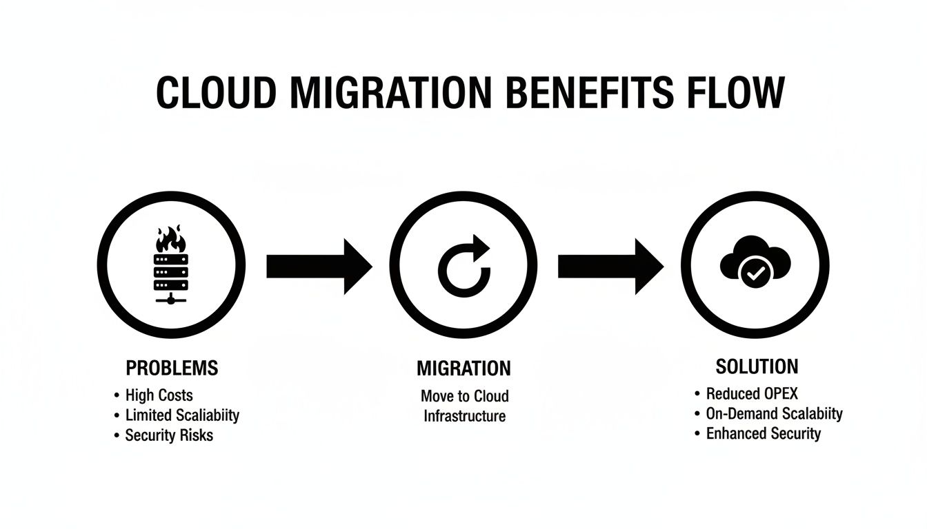 Cloud migration benefits flow diagram showing problems like high costs, migration to cloud, and solutions like reduced OPEX.
