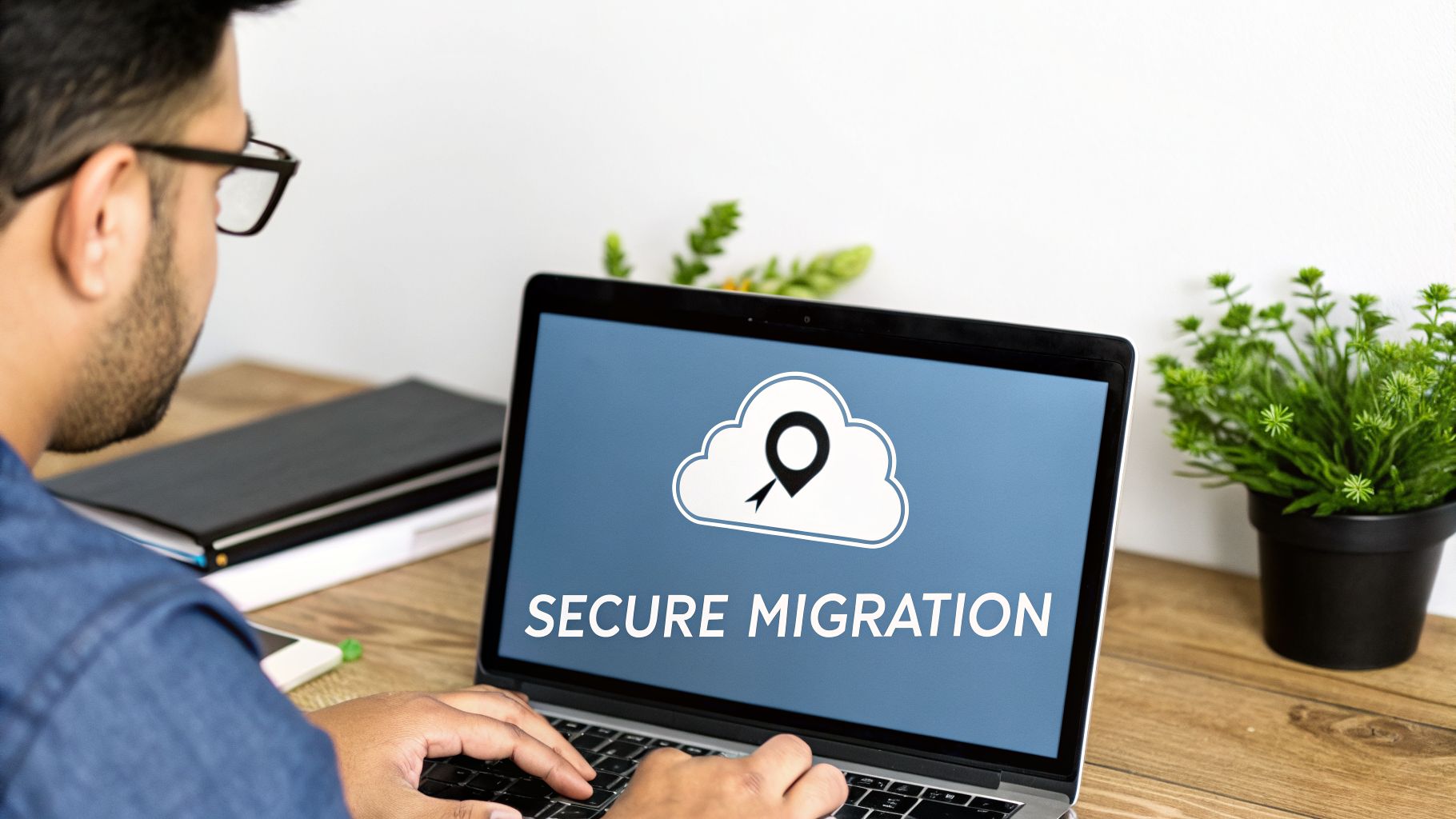 A man working on a laptop displaying a cloud icon and 'Secure Migration' text.
