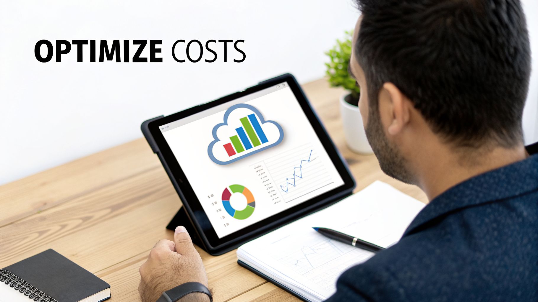 Man analyzing cloud cost optimization data and graphs on a tablet and notebook on a wooden desk.