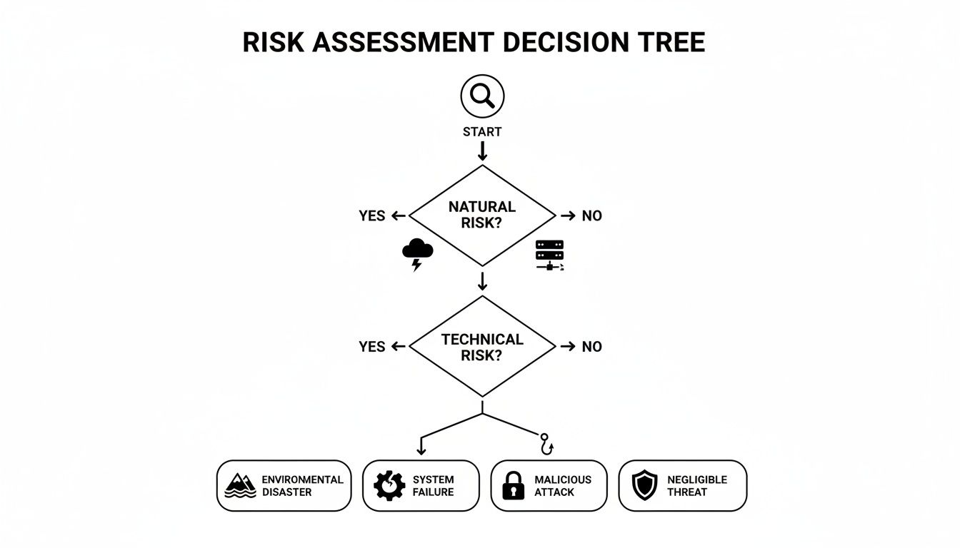 A black and white risk assessment decision tree flowchart, categorizing risks into natural, technical, or negligible.