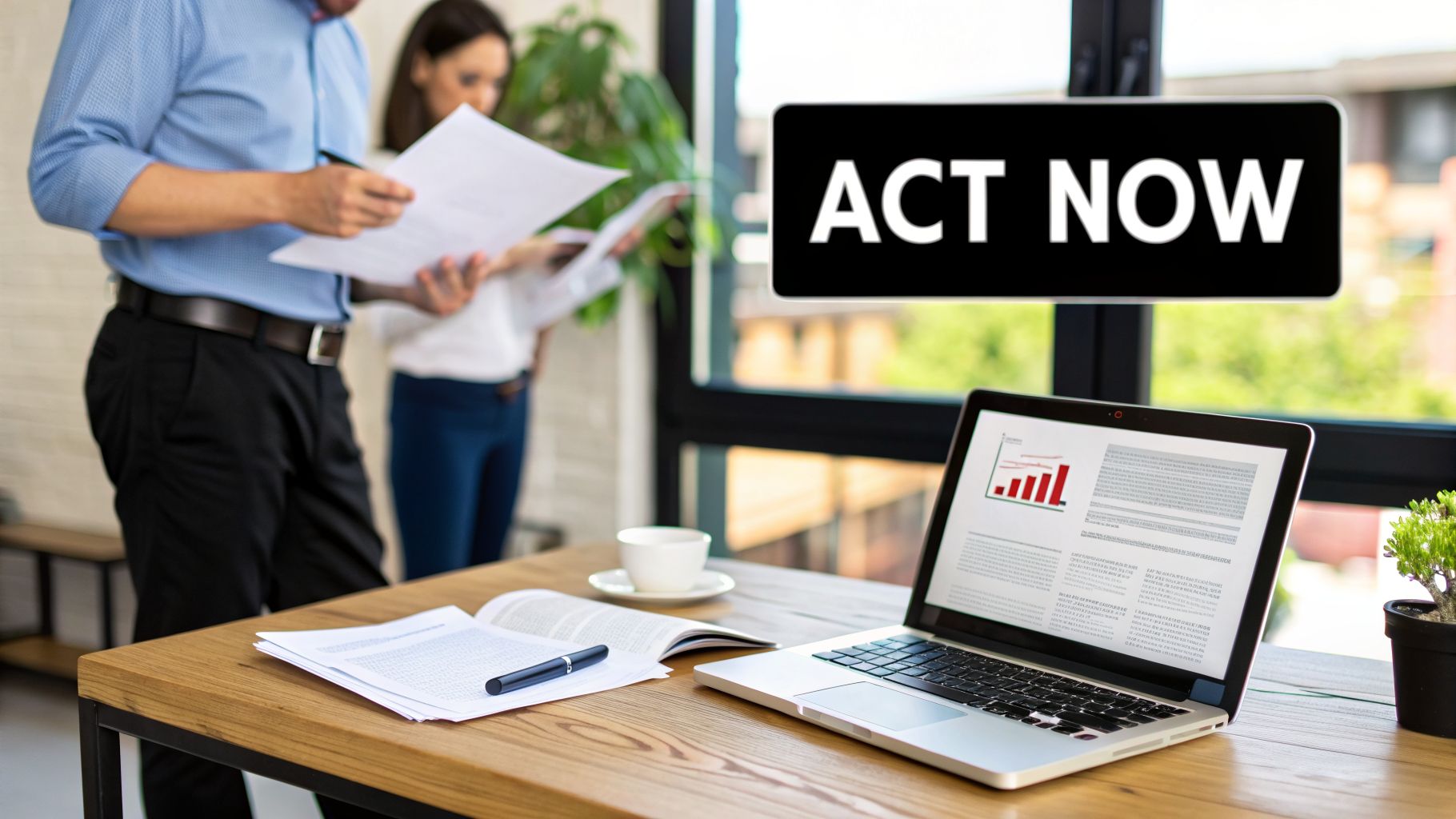 Laptop with bar graph on desk, papers, and people in background; an 'ACT NOW' sign.