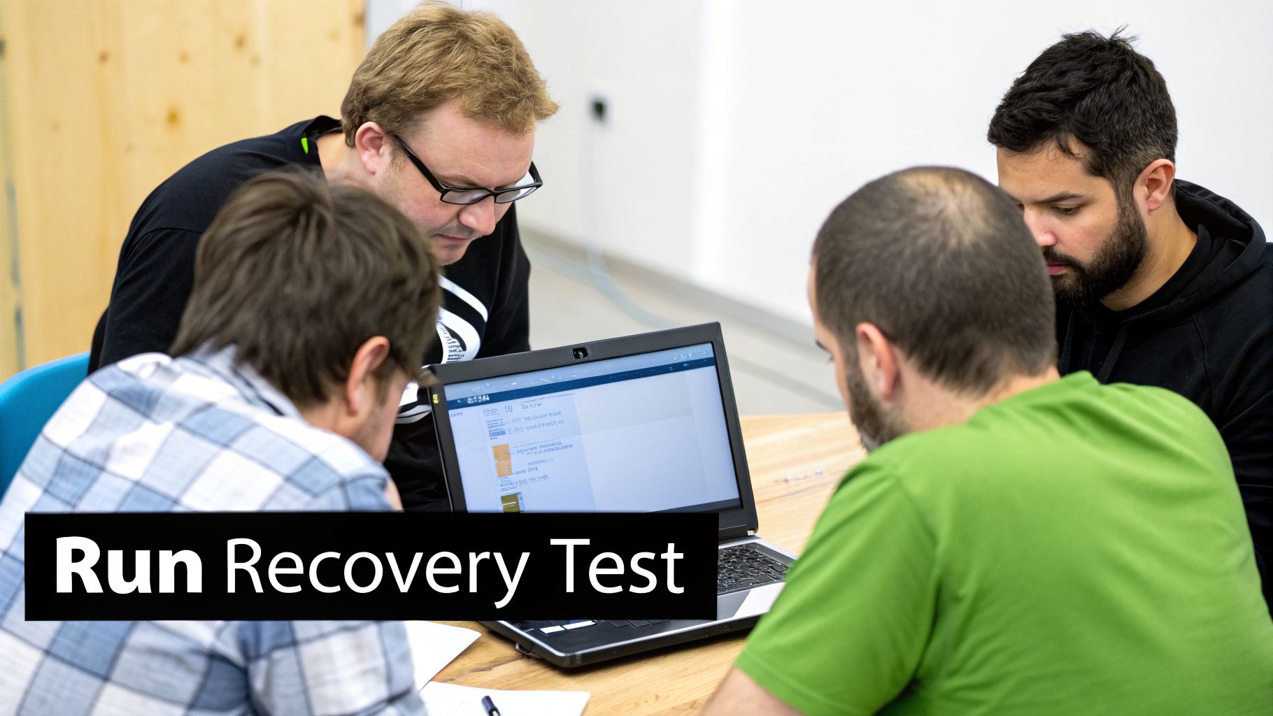 Four men intently collaborate around a laptop, reviewing a "Run Recovery Test" on the screen.