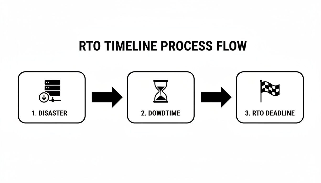 RTO timeline process flow diagram showing disaster, downtime, and the RTO deadline.