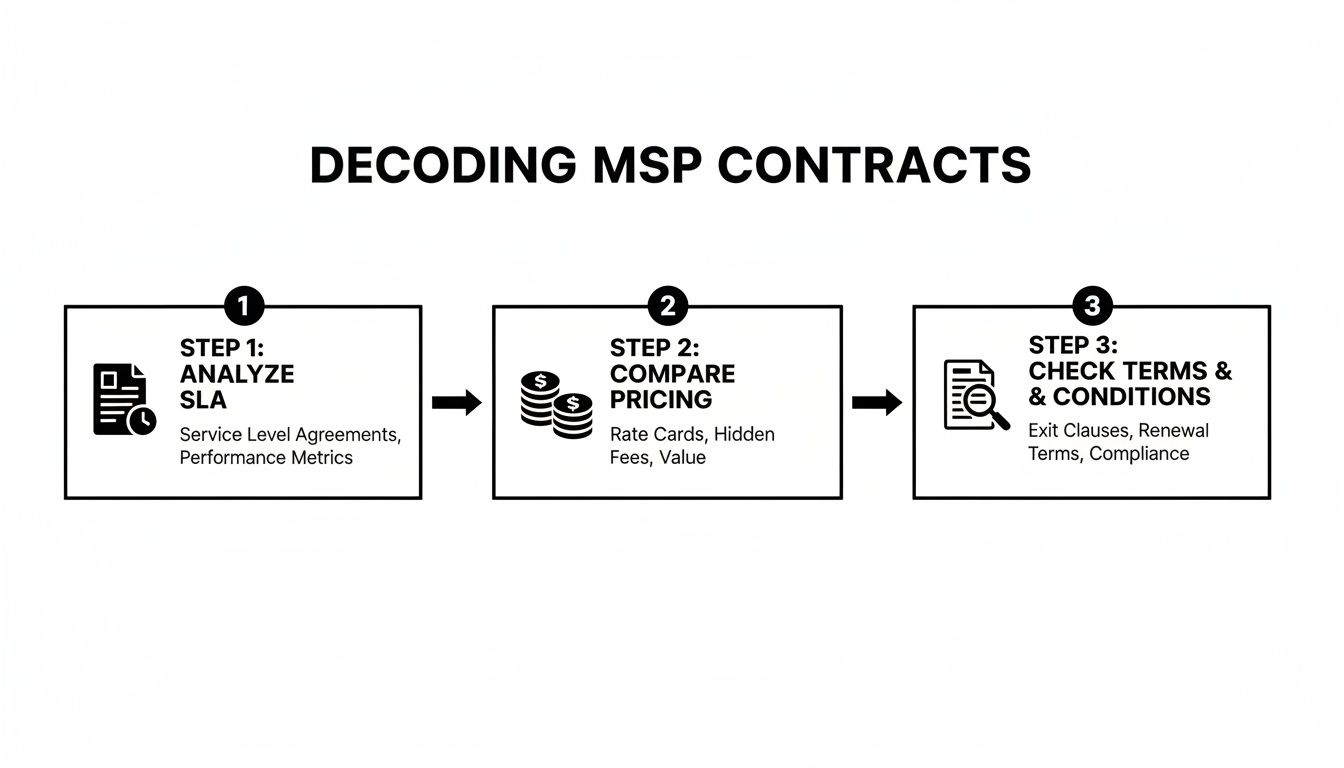 Infographic showing 3 steps to decode MSP contracts: analyze SLA, compare pricing, and check terms.