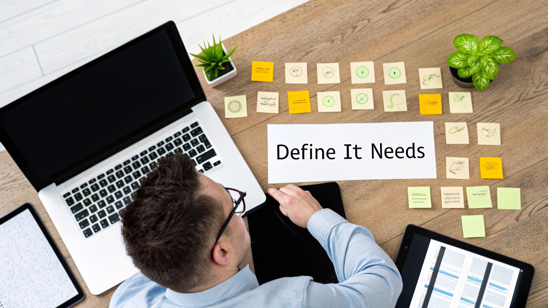 Overhead view of a person defining IT needs at a wooden desk with a laptop and sticky notes.
