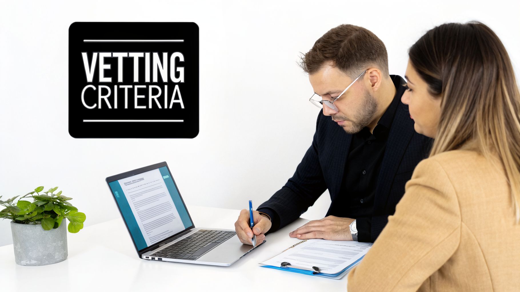 Two professionals reviewing 'VETTING CRITERIA' at a desk, with one signing documents and using a laptop.