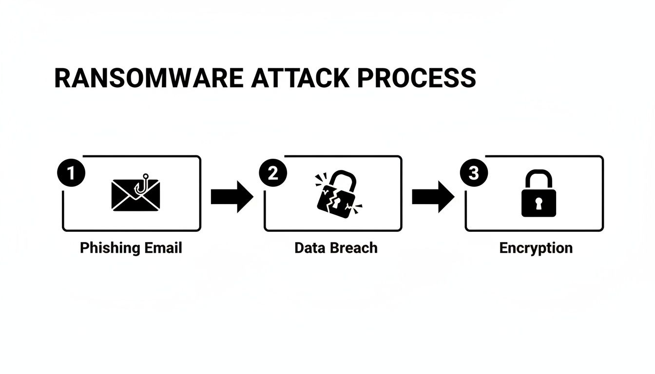 Diagram illustrating the ransomware attack process from a phishing email, to data breach and encryption.