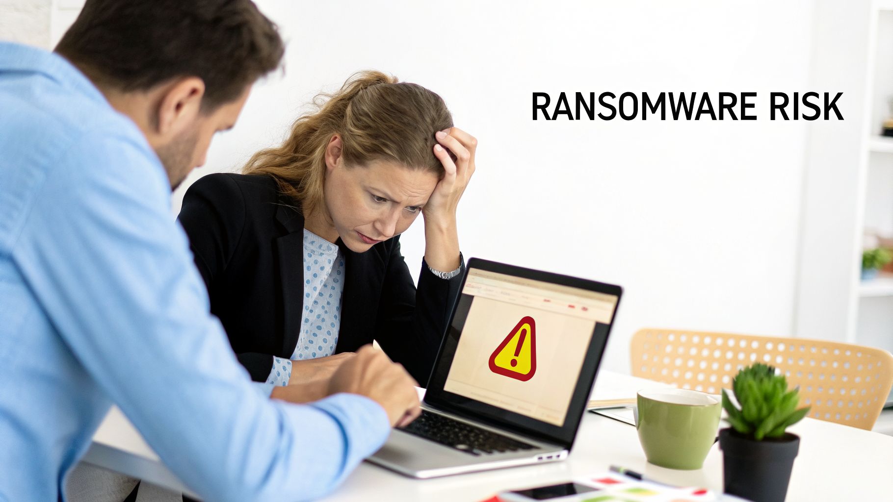 A distressed woman and a man look at a laptop displaying a ransomware warning.