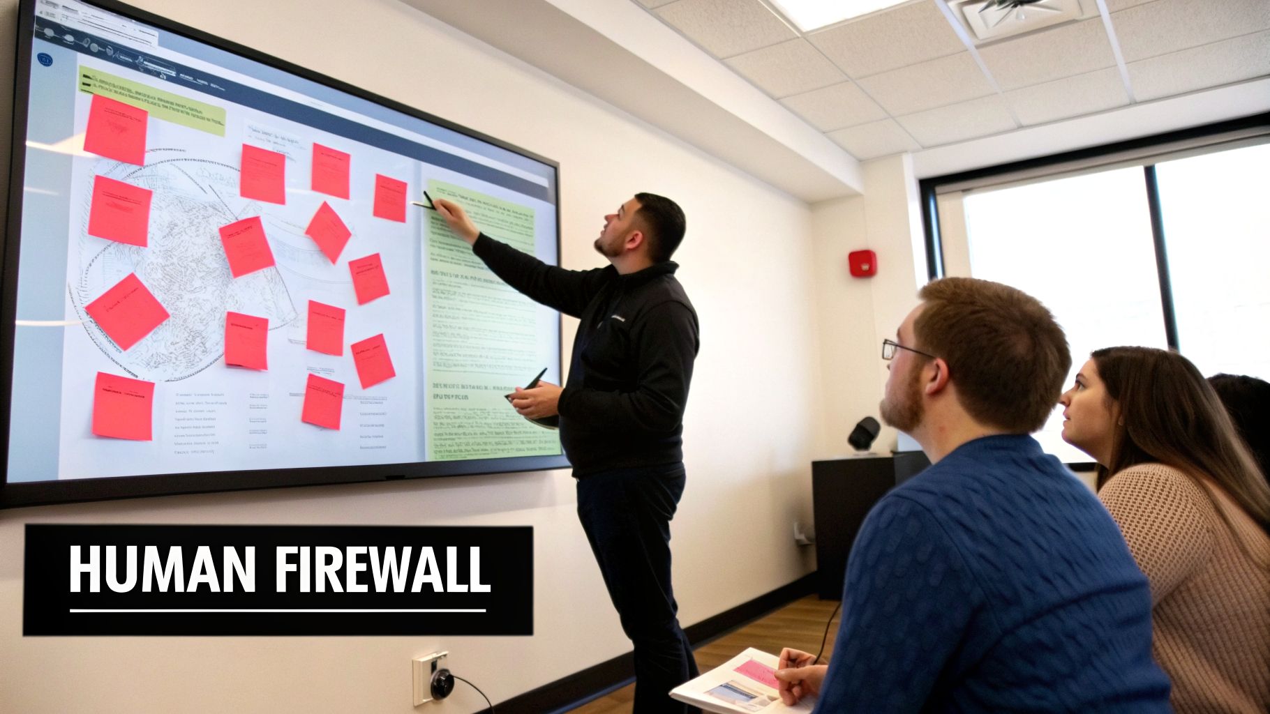 A man points at a large interactive screen with red notes, observed by two seated colleagues.