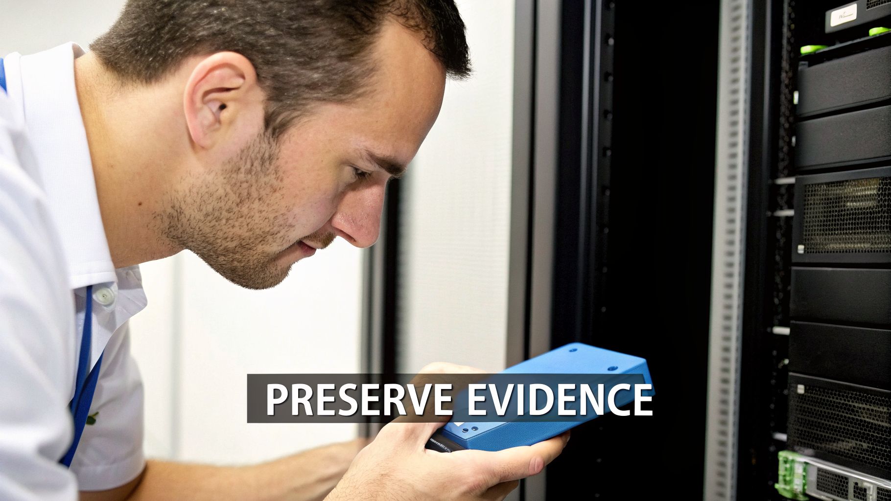 A man in a white shirt and lanyard carefully installs a blue device into a server rack.