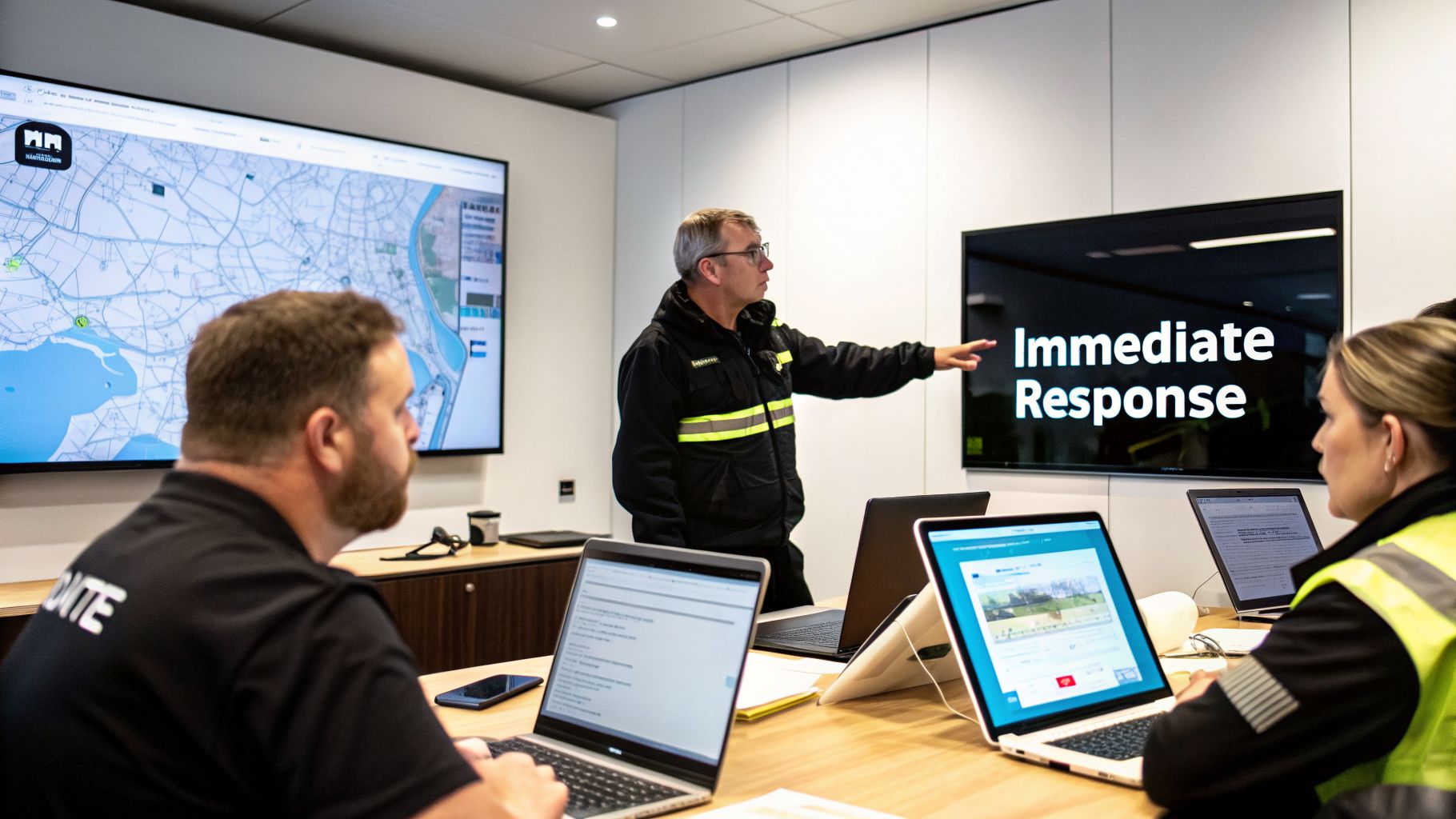 Emergency response team discussing immediate actions in a control room with maps and screens.