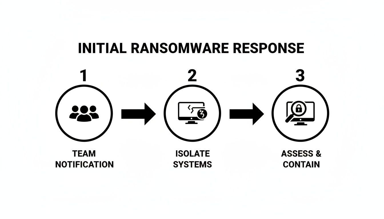 A three-step diagram outlining the initial ransomware response: notify team, isolate systems, and assess and contain.