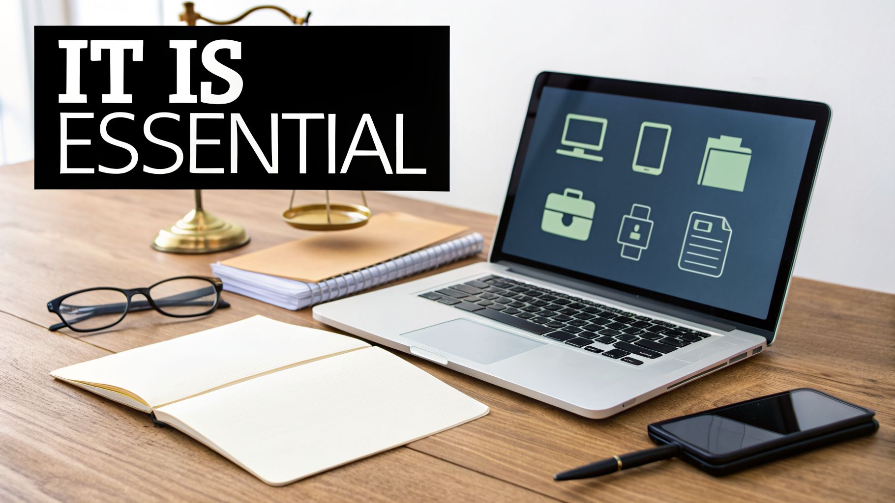 A workspace with a laptop displaying digital icons, scales of justice, and 'IT IS ESSENTIAL' text.