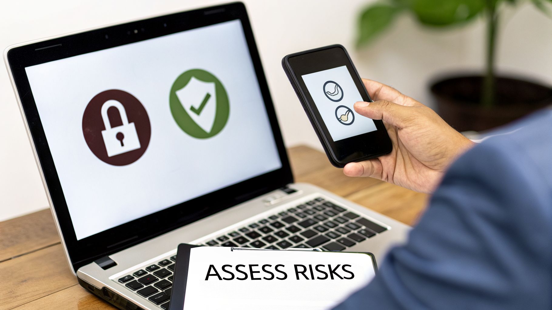 A person assesses digital risks using a laptop with security icons and a smartphone, alongside a 'ASSESS RISKS' document.