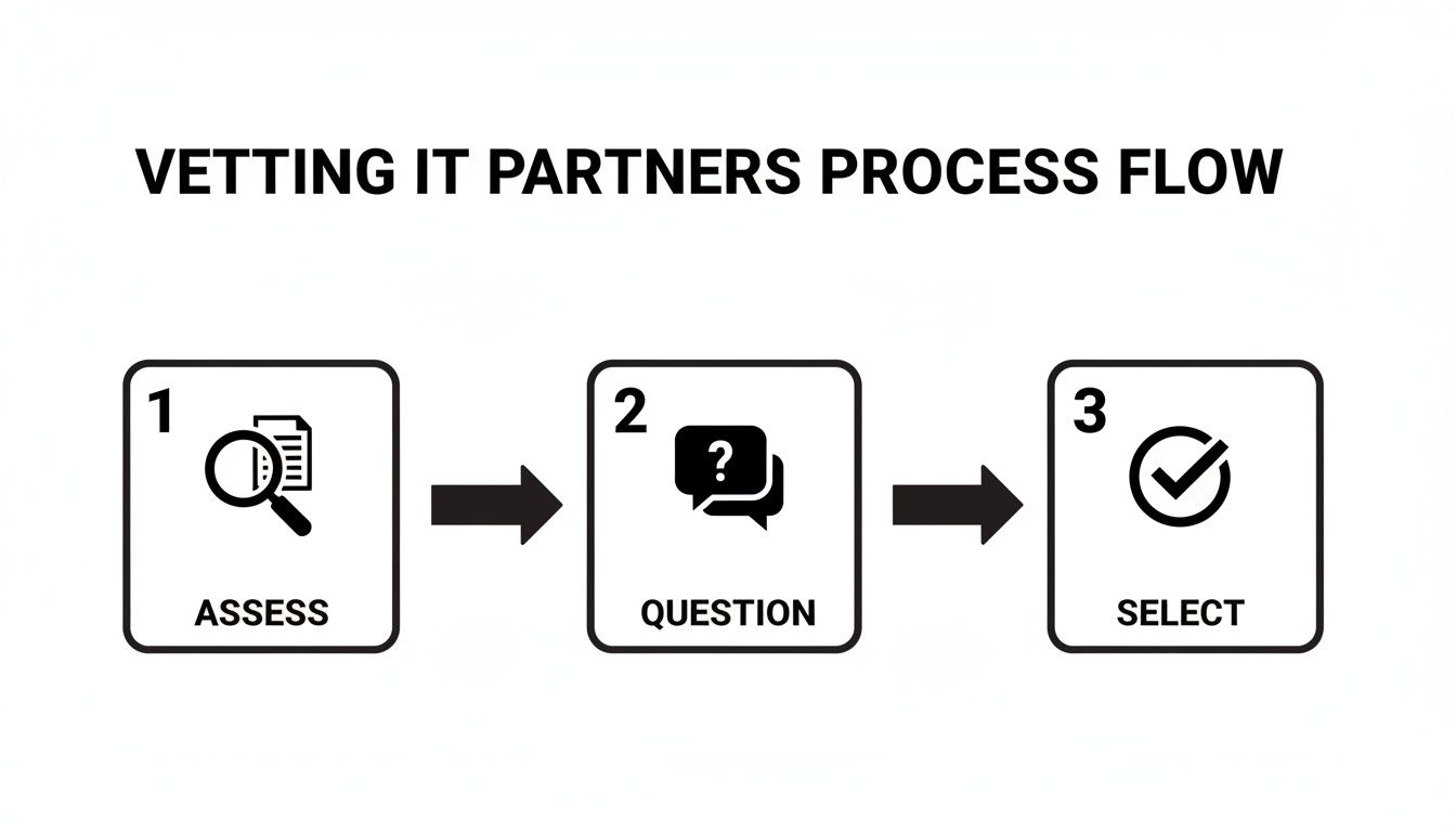 Diagram illustrating the three-step process for vetting IT partners: Assess, Question, Select.