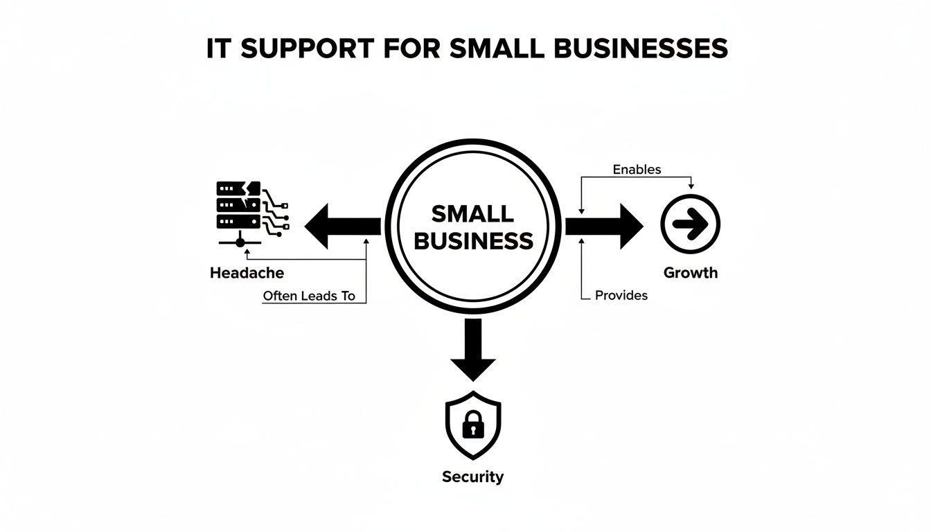 Diagram illustrating IT support benefits for small businesses, addressing headaches, enabling growth, and ensuring security.