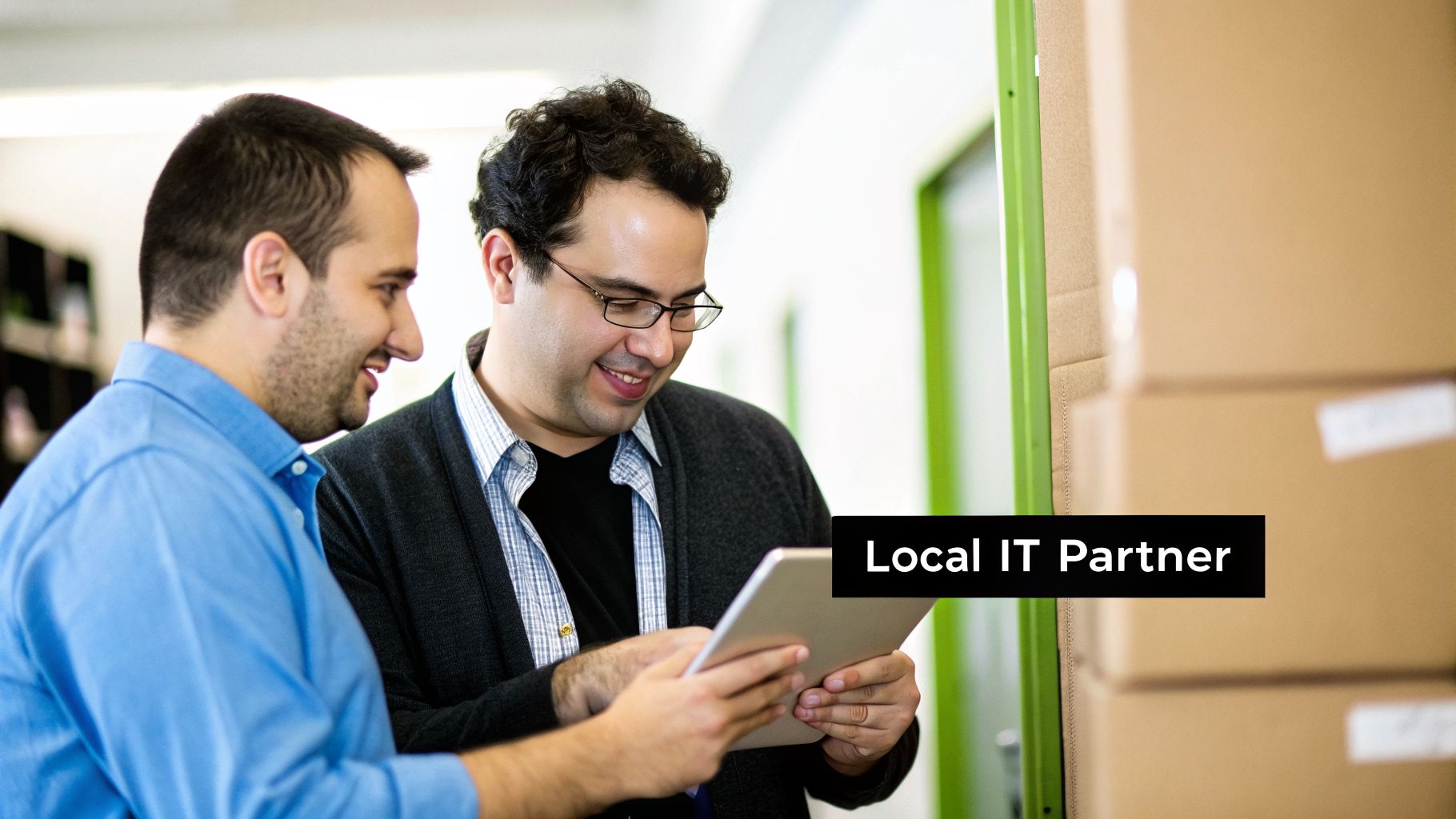 Two smiling men, local IT partners, reviewing information together on a tablet device.