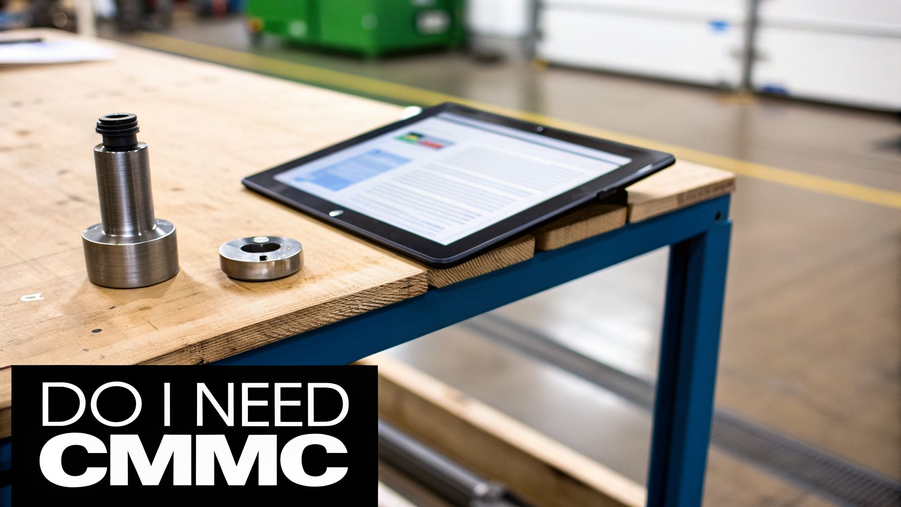 Industrial workspace with metal components and a tablet showing a document, asking 'Do I Need CMMC?'.