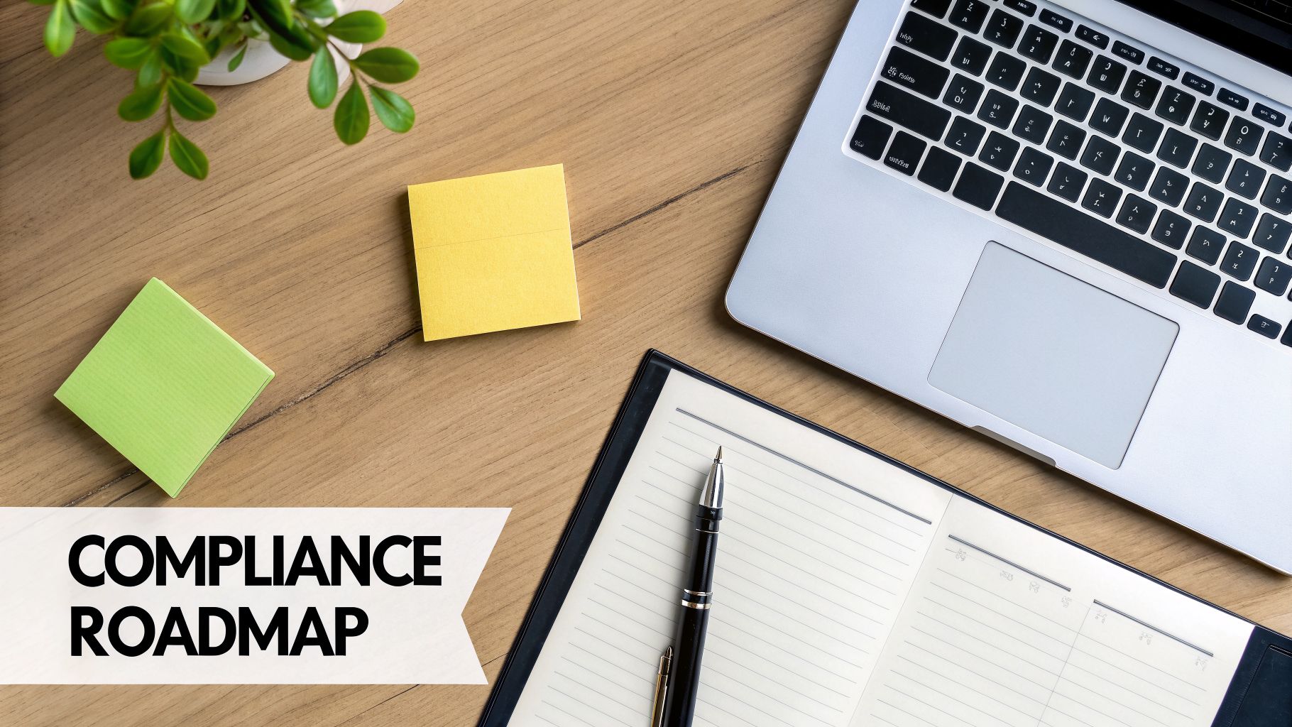 Flat lay of a compliance roadmap with a laptop, notebook, pen, sticky notes, and a plant on a wooden desk.