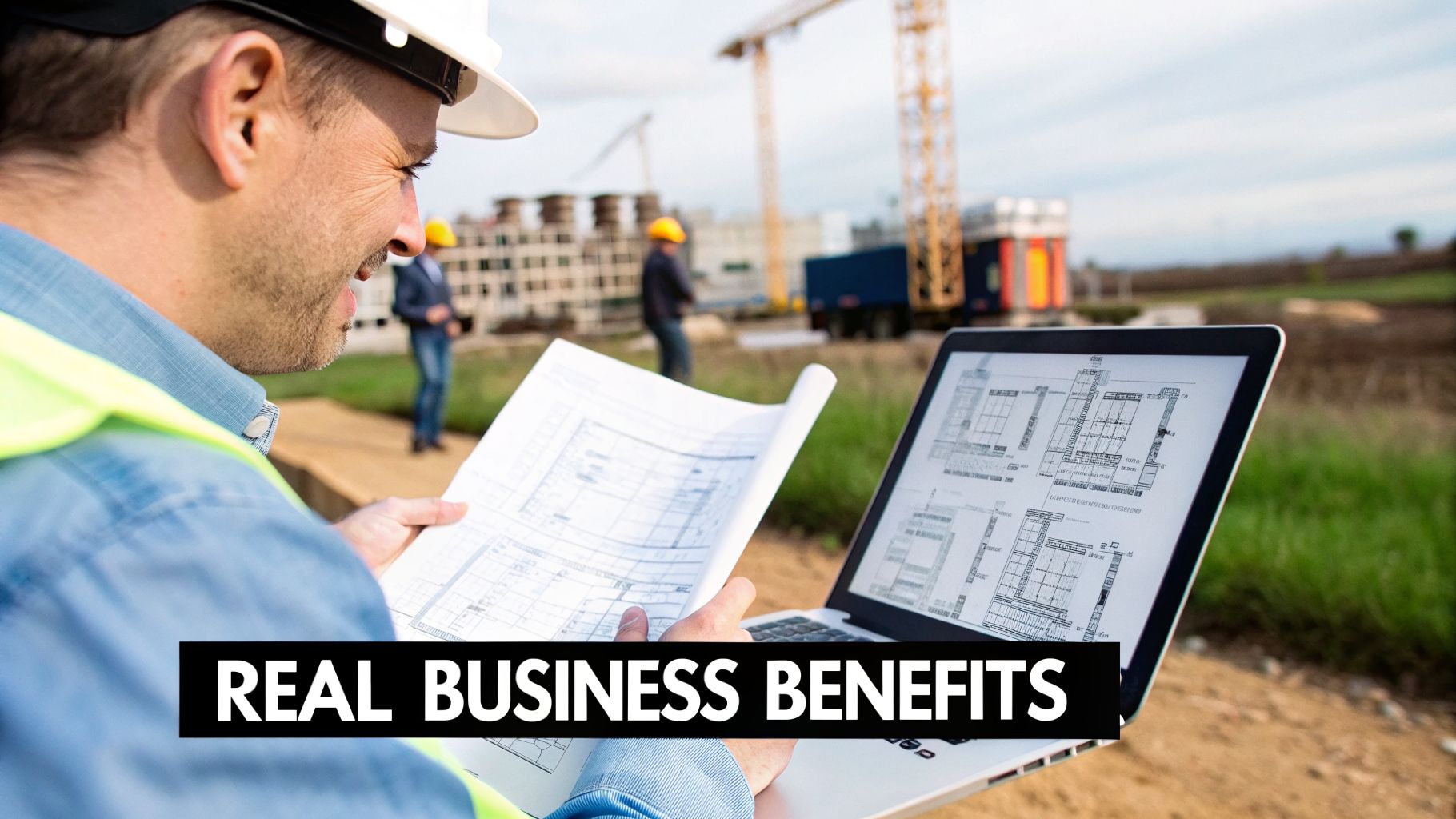 A male construction worker reviewing blueprints on a laptop and paper at an active construction site.