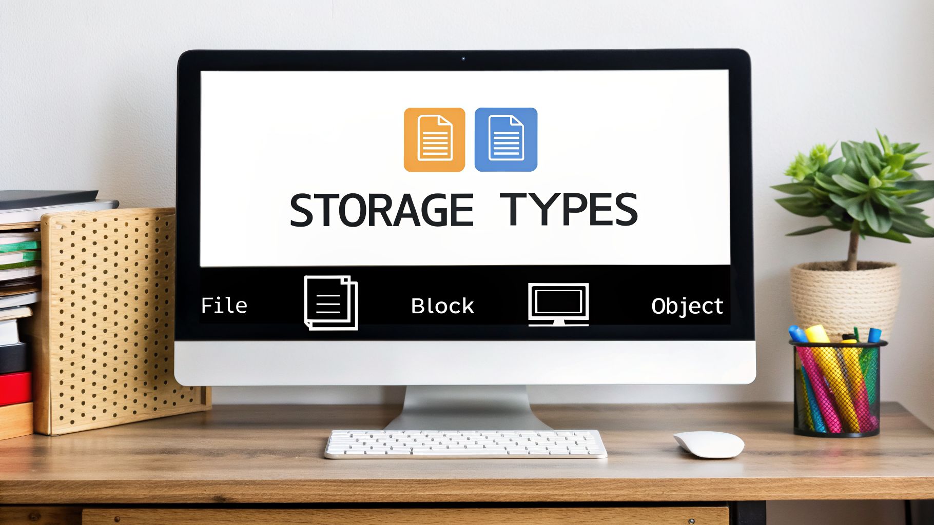 A computer monitor on a wooden desk displays information about different storage types: File, Block, Object.