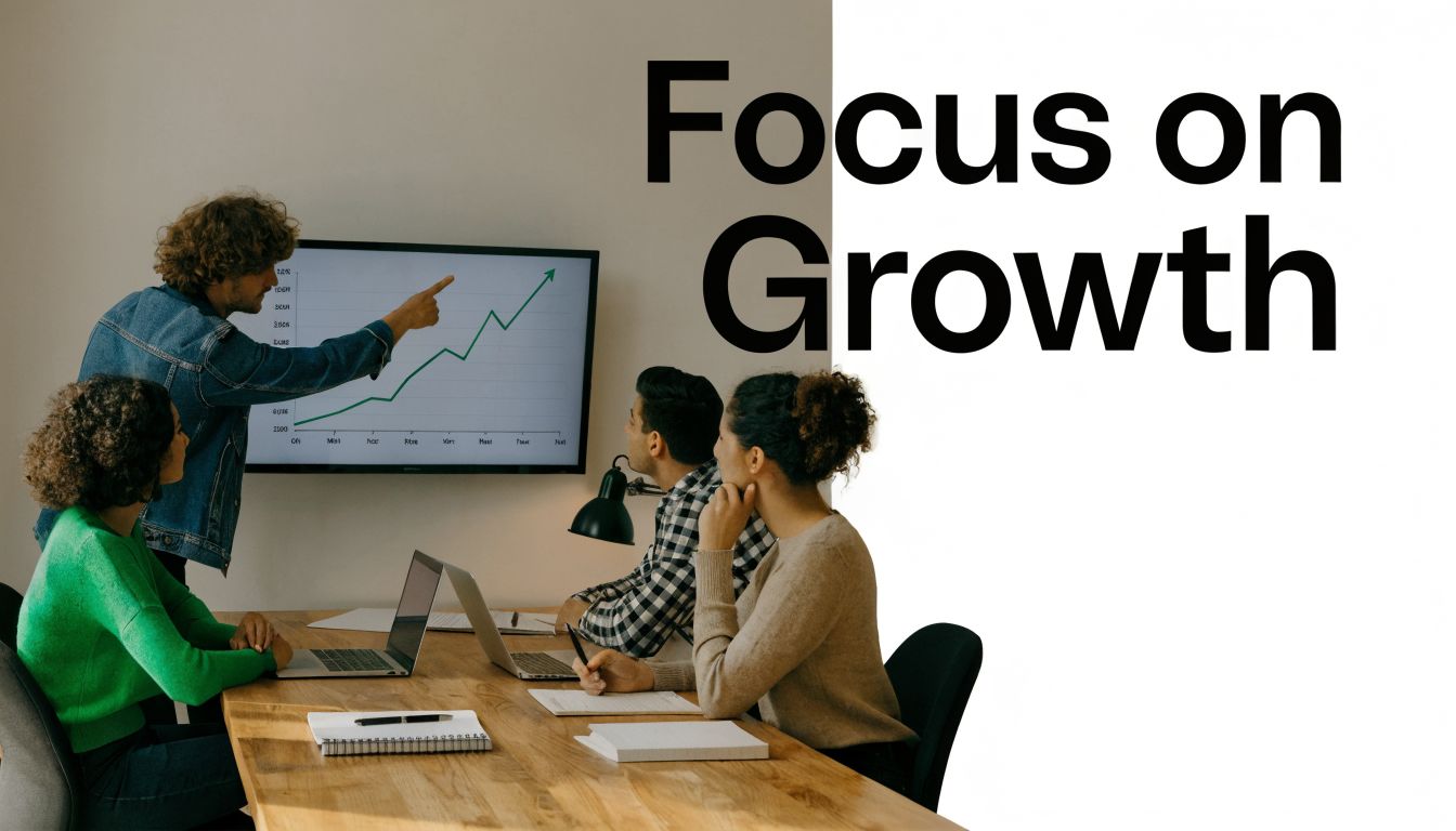 A professional team collaborating in a modern office, focusing on growth strategies and data analytics together.