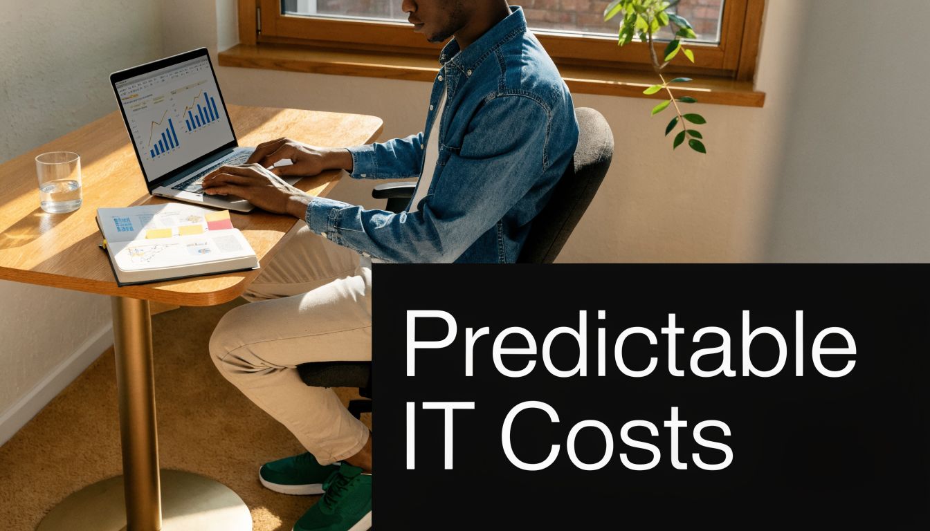 A professional working on a laptop at a desk with charts, representing predictable IT budget planning.