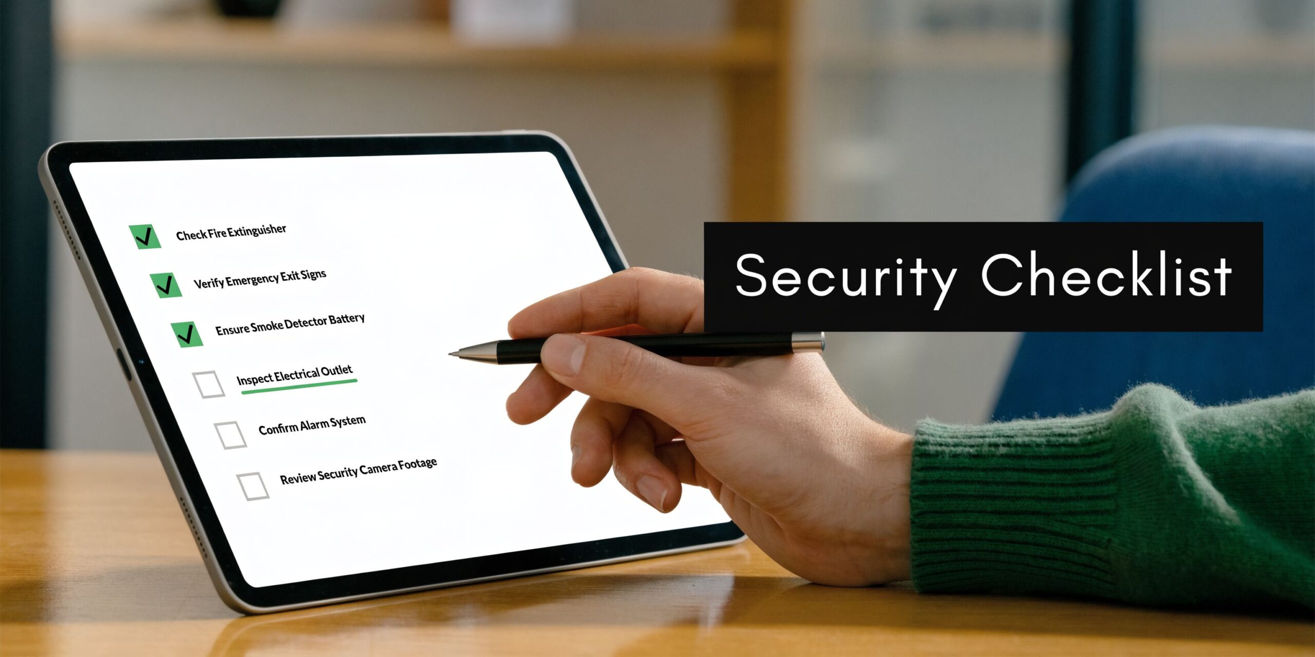 A person using a stylus to check off items on a digital security checklist on a tablet screen.