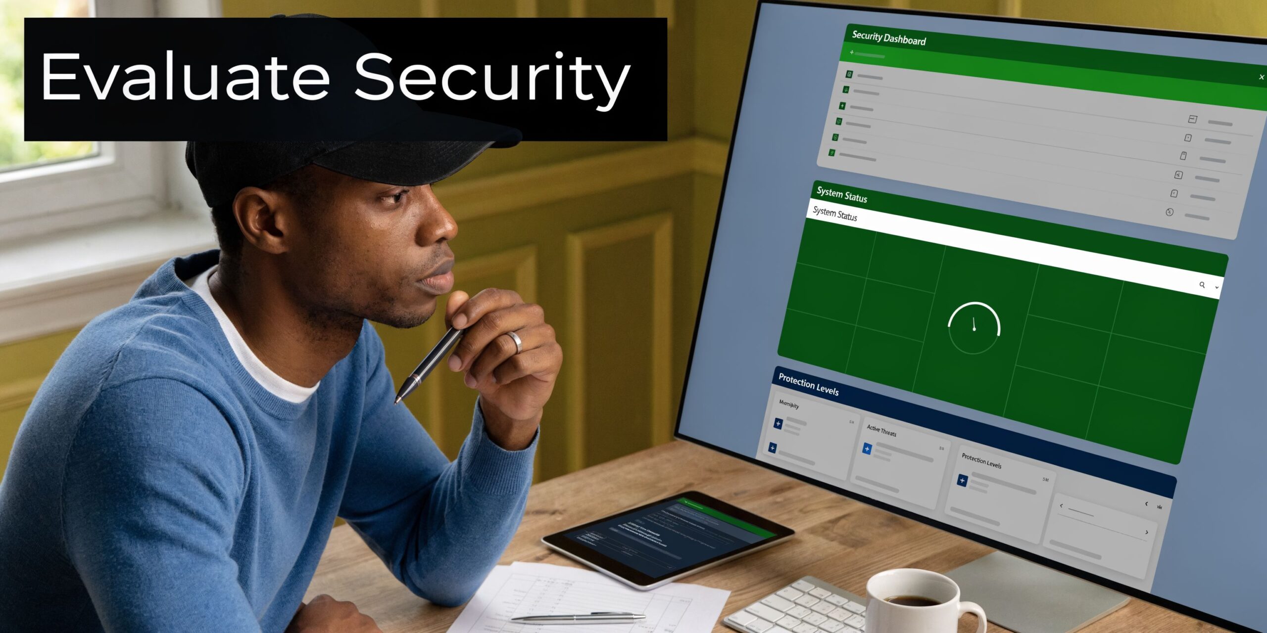 A professional man evaluates security dashboard data on a large computer monitor while working at his desk.
