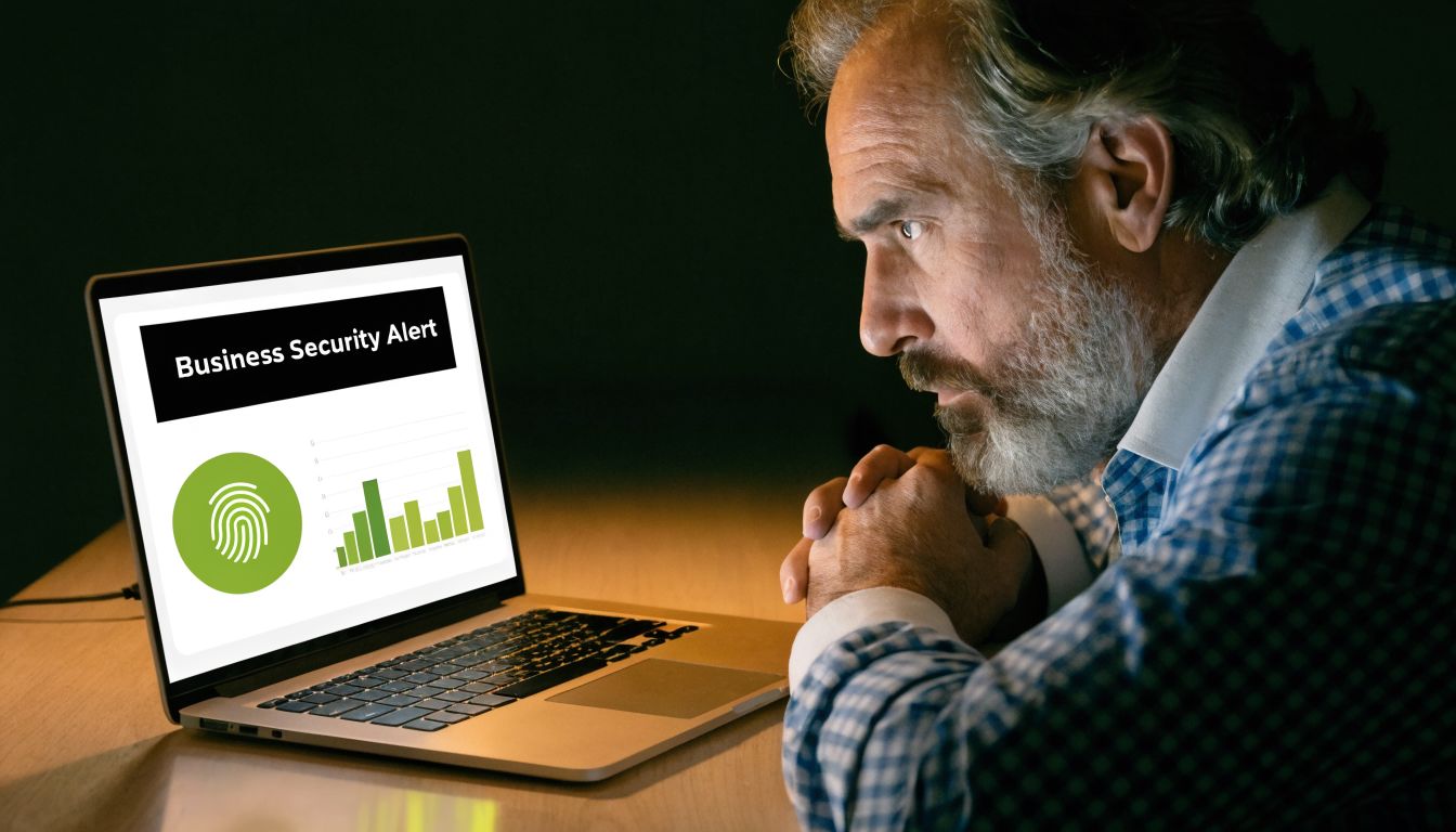 A concerned mature man looking at a business security alert on his laptop screen in the dark.