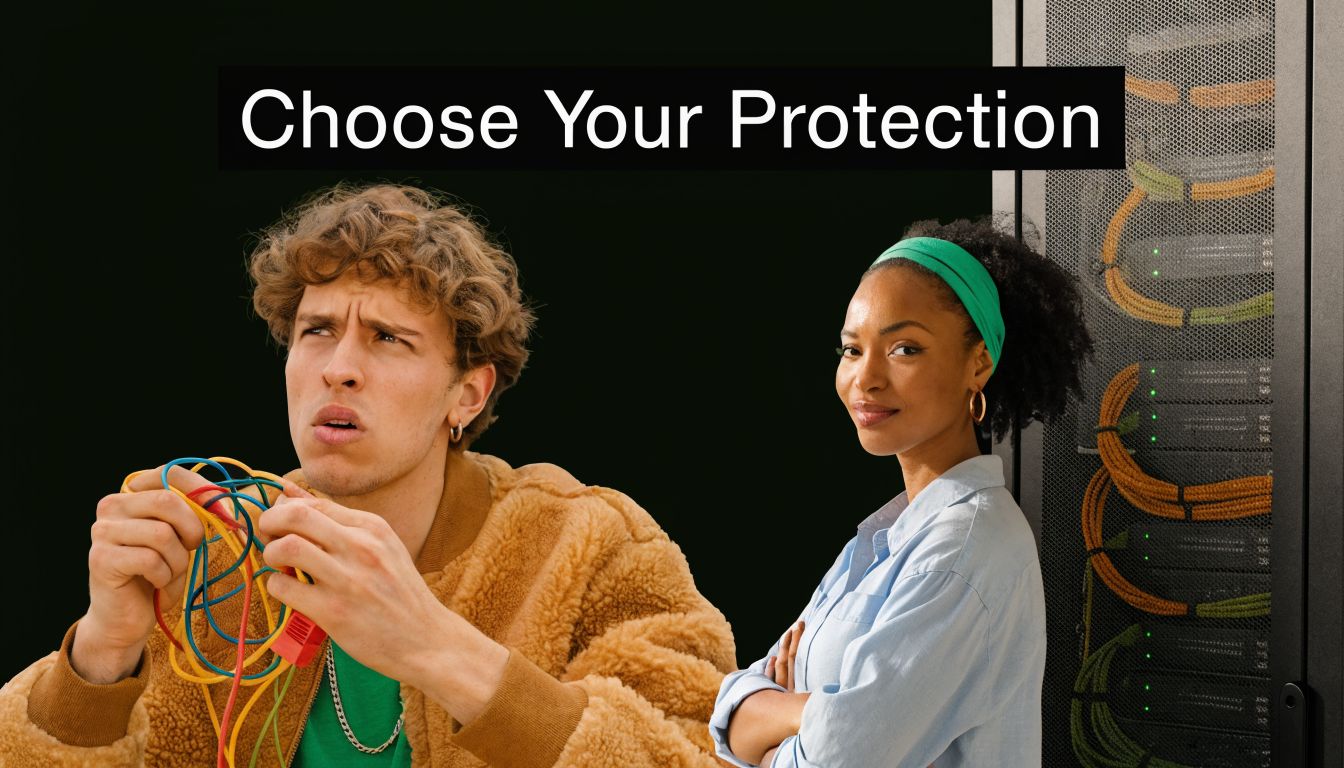 A confused young man holding tangled cables next to a confident woman standing by server racks.