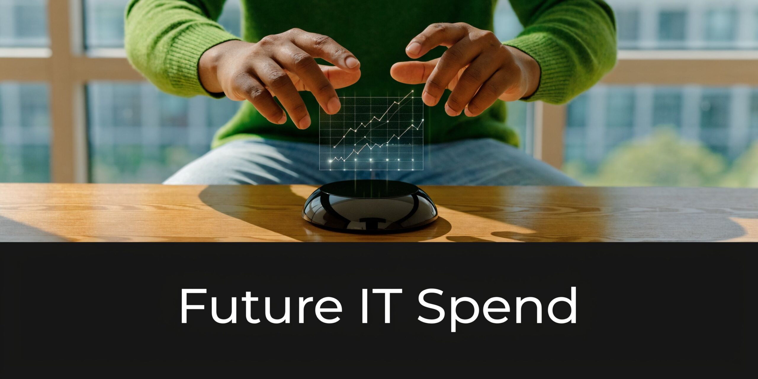 A person in a green sweater interacting with a holographic financial chart floating above a desk device.