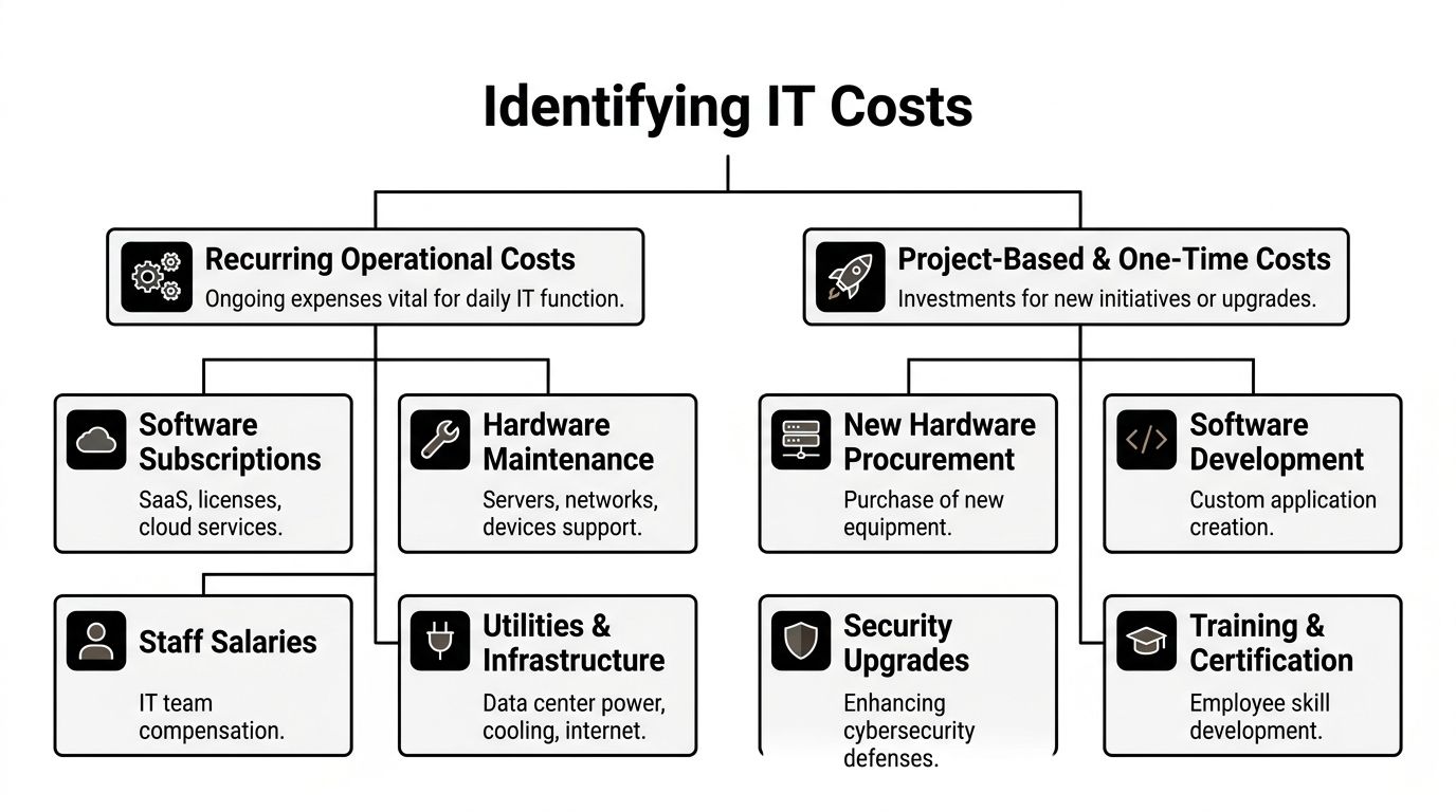 A flowchart categorizing IT costs into recurring operational expenses and project-based one-time investments for business planning.