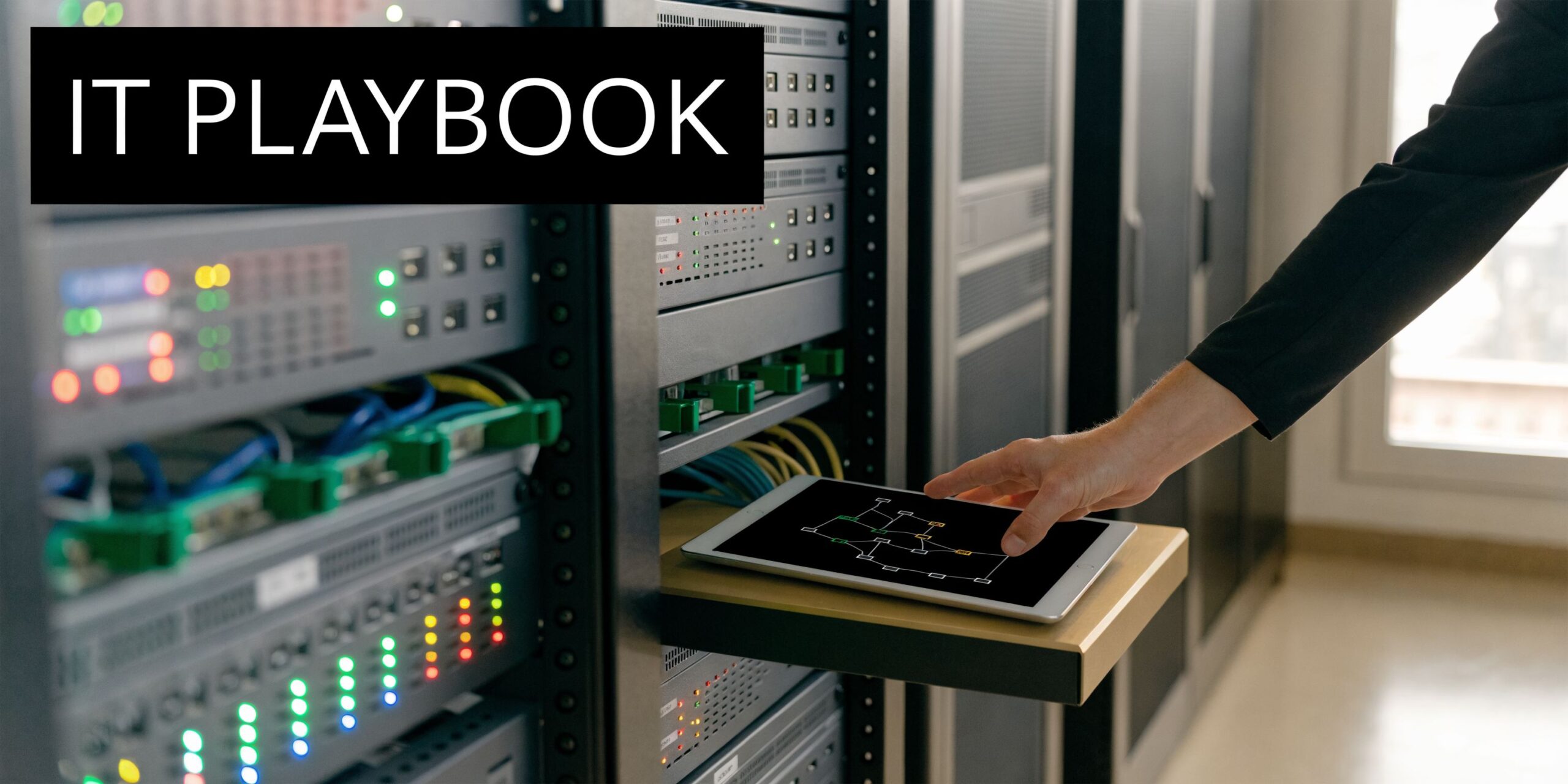A technician monitors a network diagram on a tablet device inside a modern server room environment.