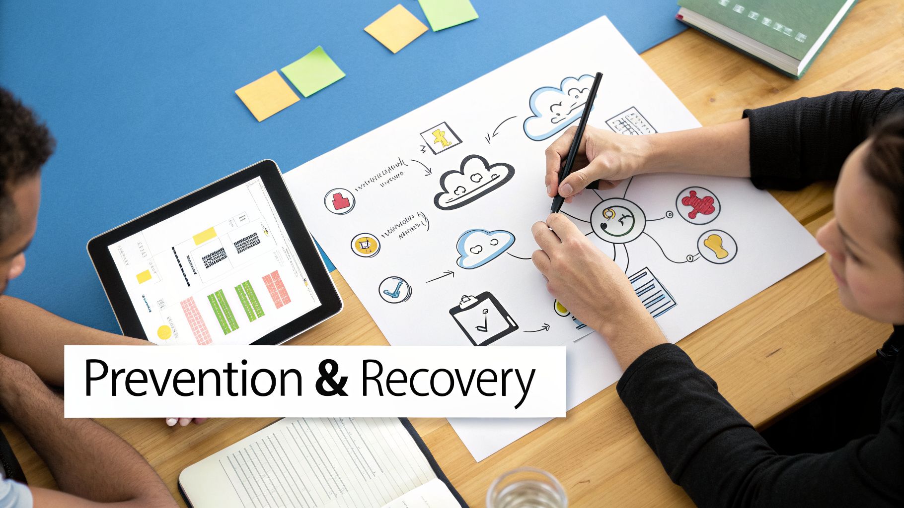 Two people collaborate on business continuity planning, drawing a mind map with cloud infrastructure diagrams.
