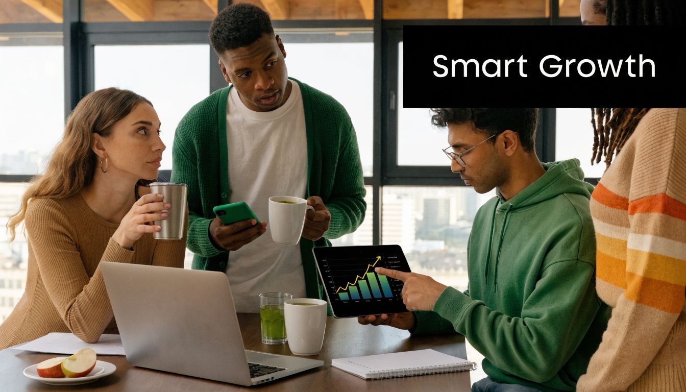 A diverse group of colleagues collaborating around a table while analyzing business growth data on a tablet.