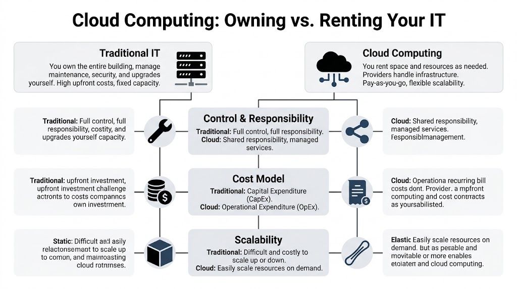 A comparison chart showing the differences between traditional IT ownership and cloud computing infrastructure and costs.