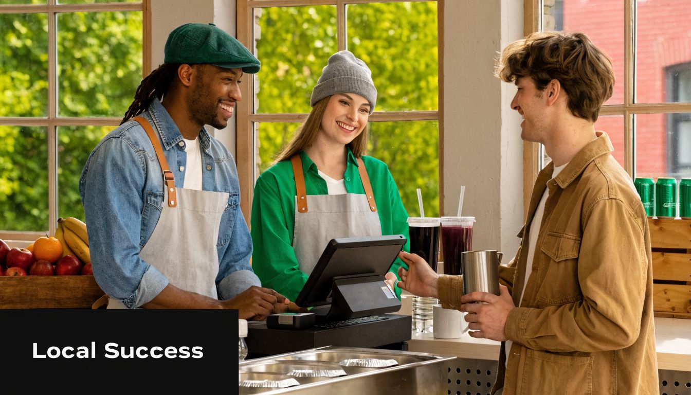 A friendly male and female staff member taking an order from a customer at a juice bar.