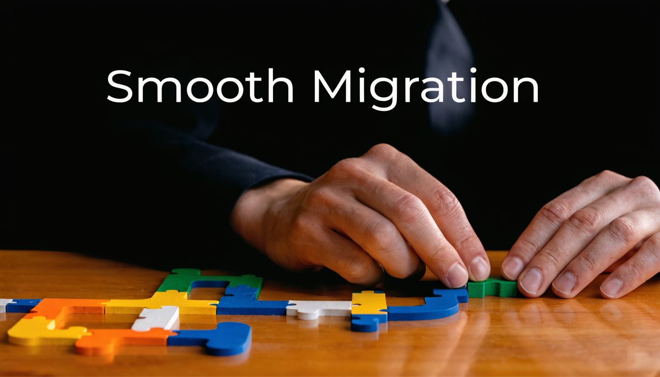 A person in a business suit carefully assembling colorful puzzle pieces on a wooden table, representing migration.