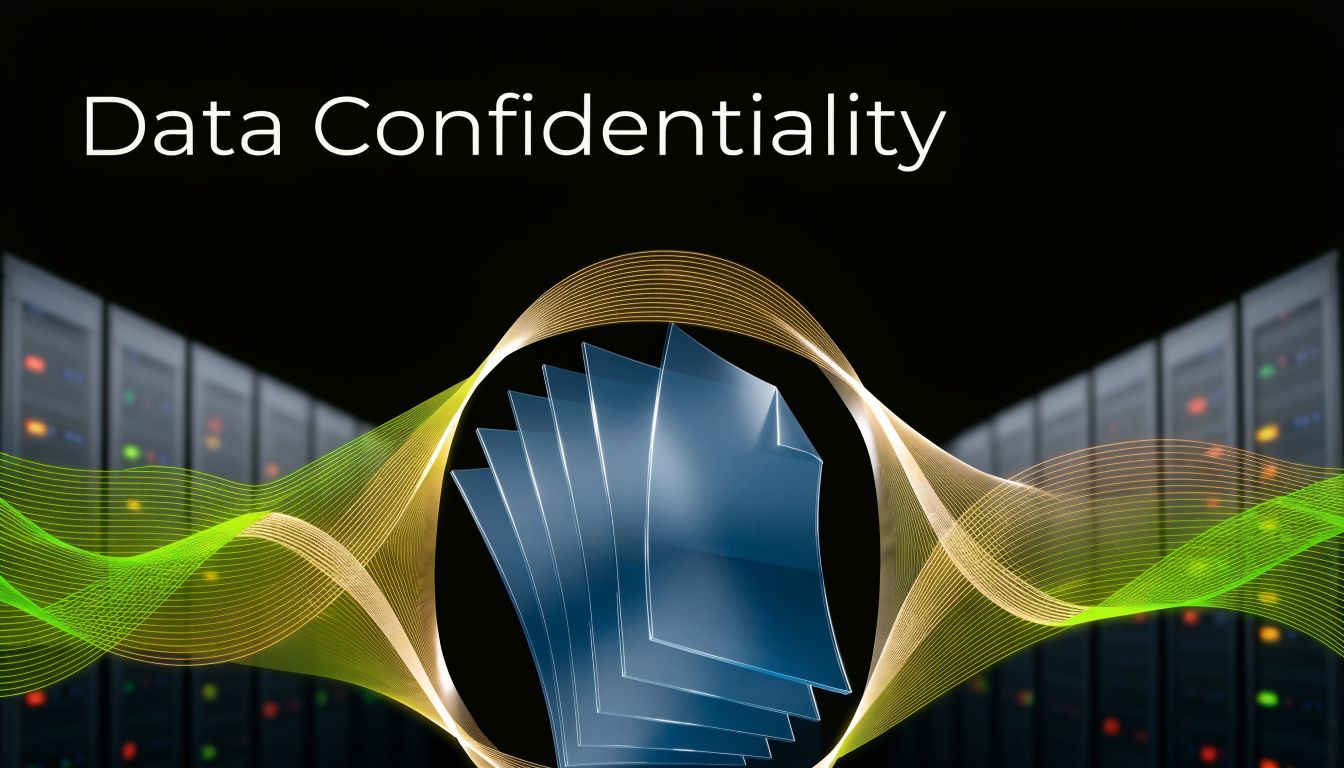 A digital graphic featuring server racks, abstract light waves, and paper documents representing secure data confidentiality.