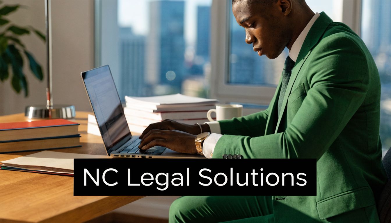 A professional man in a green suit working on his laptop in a modern office setting.