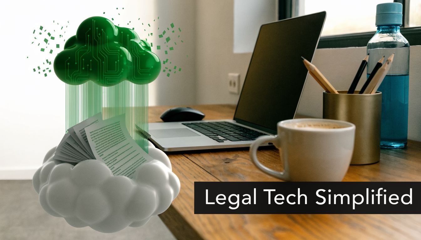 A digital cloud concept with documents integrated into a professional office workspace with a laptop.