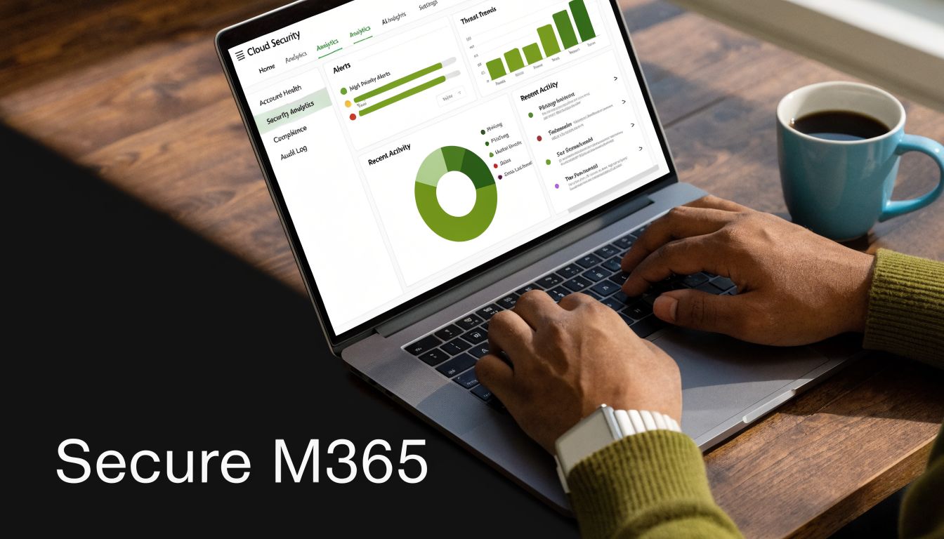 A person working on a laptop displaying cloud security analytics dashboards on a wooden desk with coffee.
