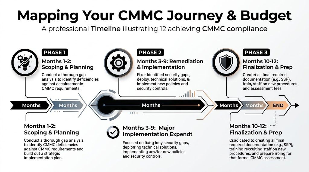 A timeline graphic illustrating the three-phase roadmap for achieving CMMC compliance over a twelve month period.