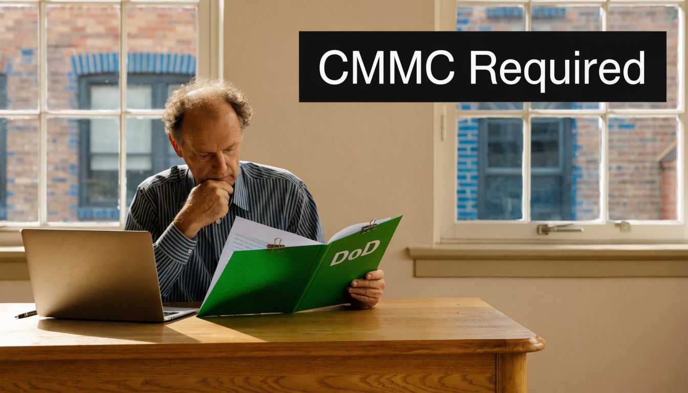A man in a striped shirt sits at a desk reviewing Department of Defense documents.