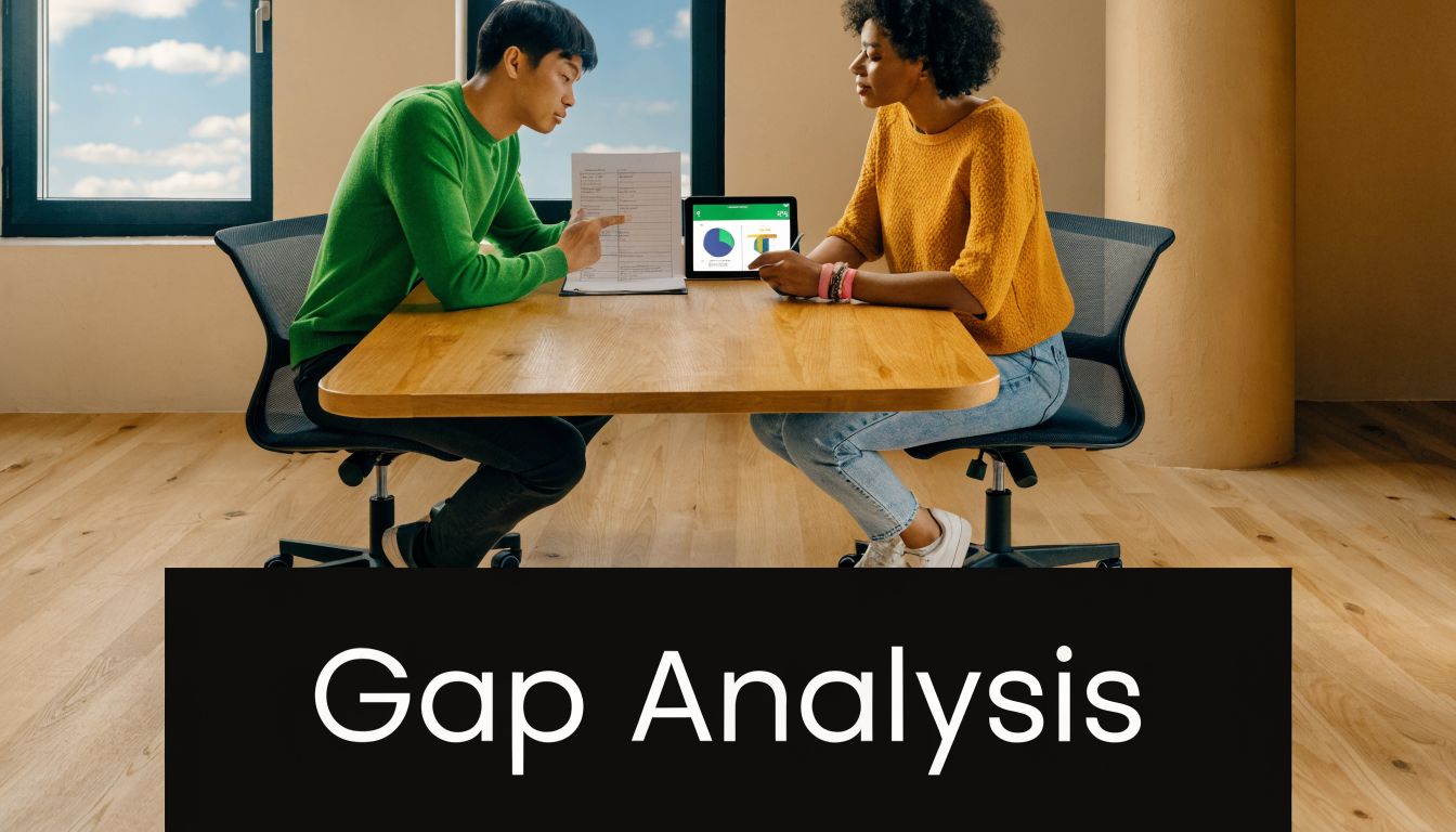 A man and a woman in a bright office collaborating on a gap analysis business strategy project.