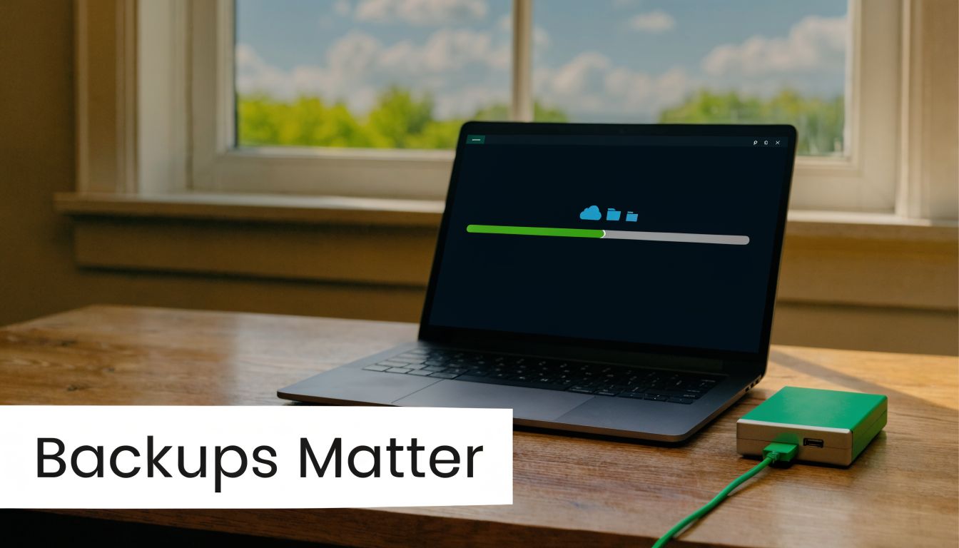 A laptop on a wooden desk with a backup progress bar and an external storage drive.