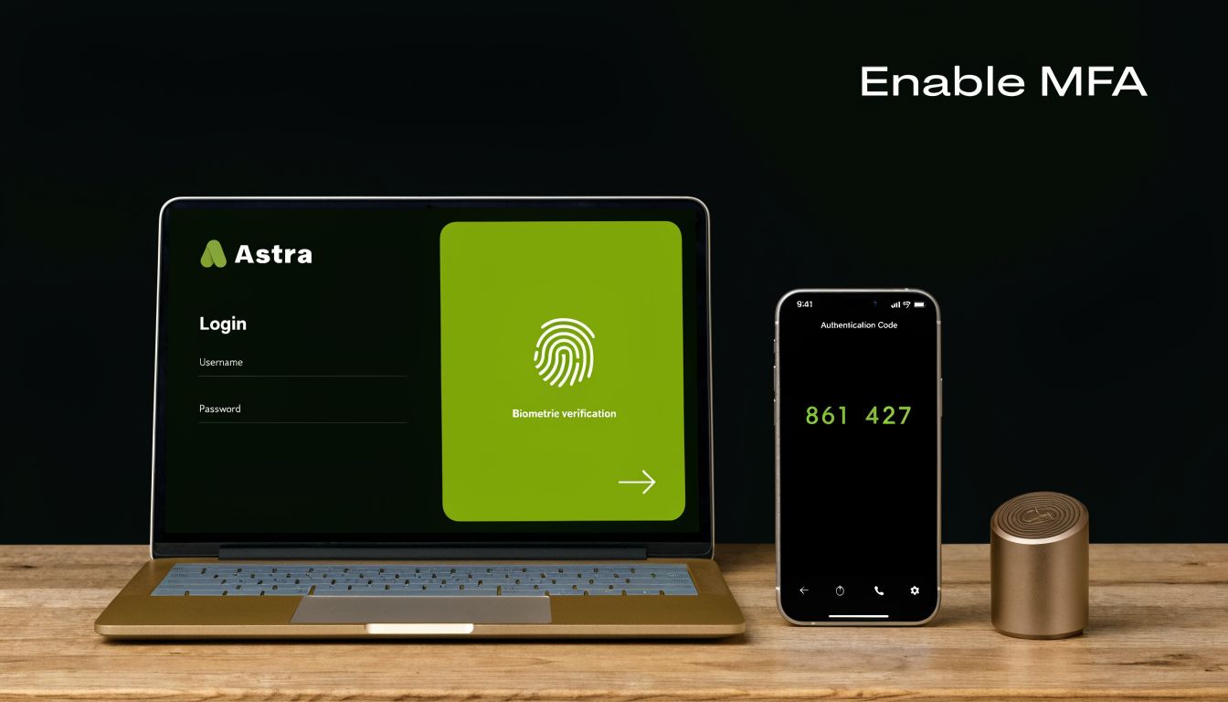 A laptop and smartphone displaying multi-factor authentication methods like biometric verification and security codes on a wooden desk.
